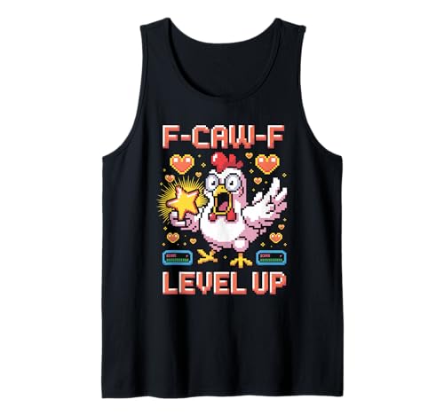 F-caw-f Funny Chicken Pixel Art Retro Gaming F Caw F Meme Tank Top von Lustige Fcawf Humorvoll Huhn Vogel Videospiel Meme
