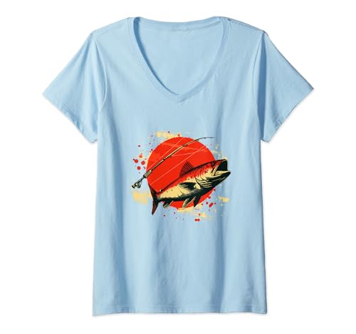 Damen Fischen Grafik Angelliebhaber T-Shirt mit V-Ausschnitt von Lustige Fischen T-Shirts und Geschenke