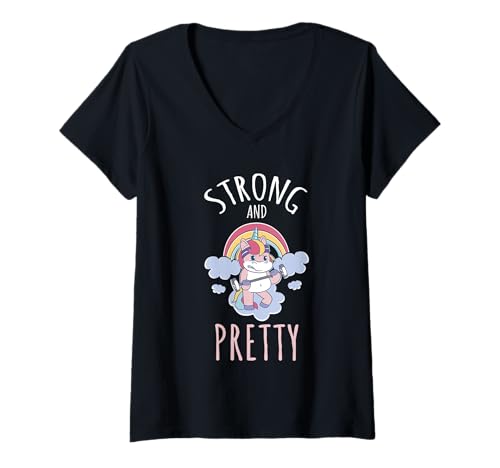 Damen Strong and Pretty Fitness Workout Fitnessstudio Einhorn T-Shirt mit V-Ausschnitt Damen Strong and Pretty Fitness Workout Fitnessstudio Einhorn T-Shirt mit V-Ausschnitt von Lustige Fitness Workout Sport Designs