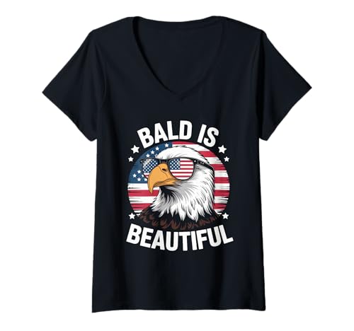 Damen Bald is Beautiful Adler USA Stolz Humor Patriotismus T-Shirt mit V-Ausschnitt von Lustige Flaggen Sonnenbrille Natur