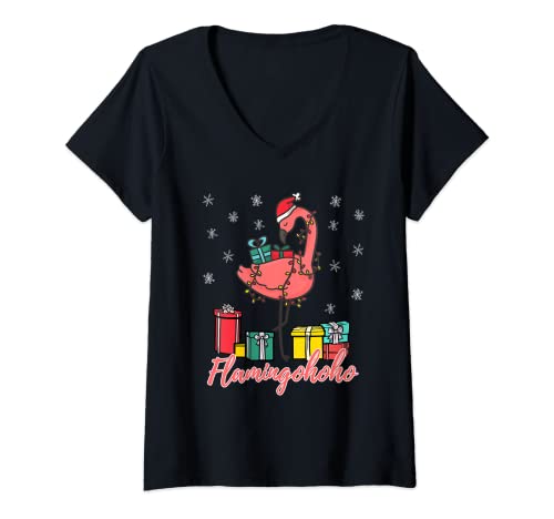 Damen Weihnachten Flamingo Wortspiel Flamingohoho Weihnachten T-Shirt mit V-Ausschnitt von Lustige Flamingo Deko für Weihnachten