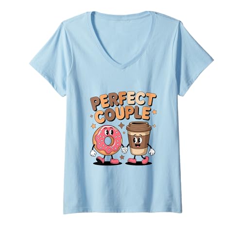 Damen Perfektes Paar Lustige Kaffee Donut T-Shirt mit V-Ausschnitt von Lustige Frühstück Humor Kaffeetrinken Donut Design