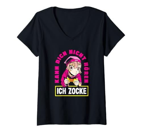 Damen Kann Dich Nicht Hören Ich Zocke Anime Gamer T-Shirt mit V-Ausschnitt von Lustige Gamer Gaming Sprüche