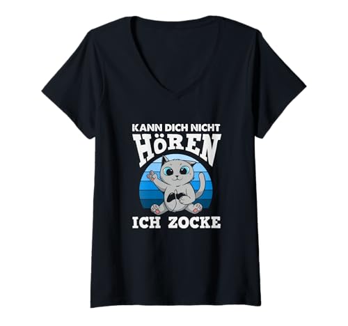 Damen Kann Dich Nicht Hören Ich Zocke Lustiges Katzen Gamer T-Shirt mit V-Ausschnitt Damen Kann Dich Nicht Hören Ich Zocke Lustiges Katzen Gamer T-Shirt mit V-Ausschnitt von Lustige Gamer Gaming Sprüche