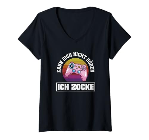 Damen Kann Dich Nicht Hören Ich Zocke Pinker Retro Controller T-Shirt mit V-Ausschnitt Damen Kann Dich Nicht Hören Ich Zocke Pinker Retro Controller T-Shirt mit V-Ausschnitt von Lustige Gamer Gaming Sprüche