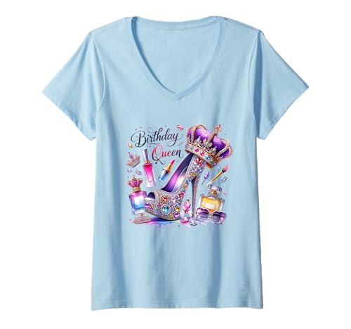 Damen Birthday Queen High Heel Krone Glitzer Geburtstag Outfit T-Shirt mit V-Ausschnitt von Lustige Geburtstags Designs & Party Geschenke