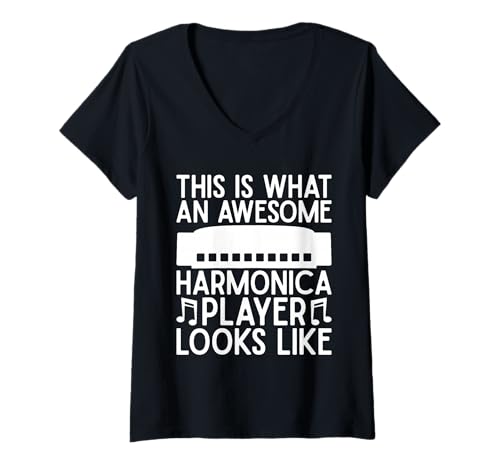 Damen Mundharmonika Musiker Awesome Player Looks Like T-Shirt mit V-Ausschnitt von Lustige Geschenk Shirts Zum Thema Mundharmonika