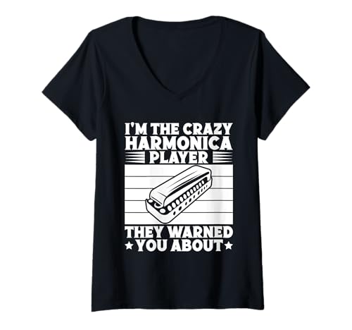 Damen Mundharmonika Musiker Crazy Player They Warned Mundharmonika T-Shirt mit V-Ausschnitt von Lustige Geschenk Shirts Zum Thema Mundharmonika