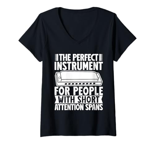 Damen Mundharmonika Musiker For People With Short Attention T-Shirt mit V-Ausschnitt von Lustige Geschenk Shirts Zum Thema Mundharmonika