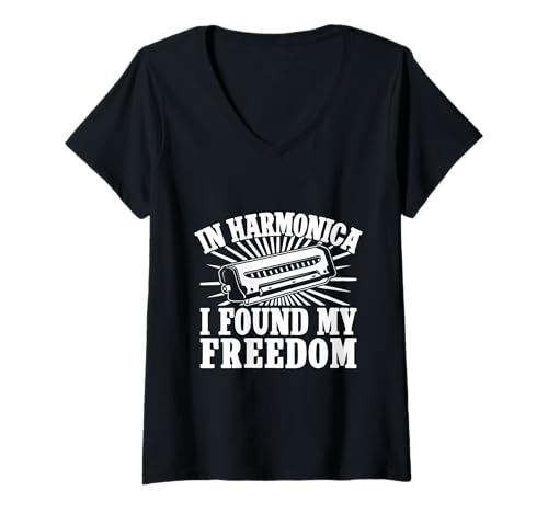Damen Mundharmonika Musiker Found My Freedom Mundharmonika T-Shirt mit V-Ausschnitt von Lustige Geschenk Shirts Zum Thema Mundharmonika