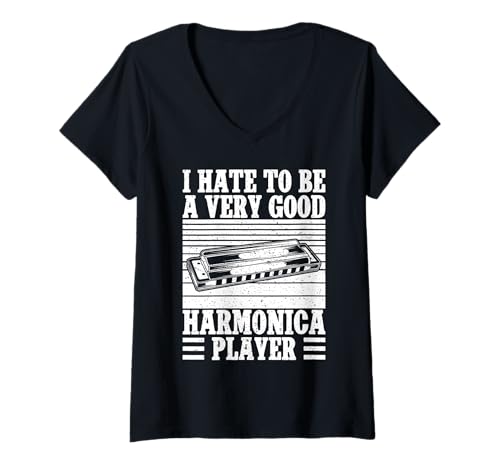 Damen Mundharmonika Musiker Hate to Be Very Good Player T-Shirt mit V-Ausschnitt von Lustige Geschenk Shirts Zum Thema Mundharmonika