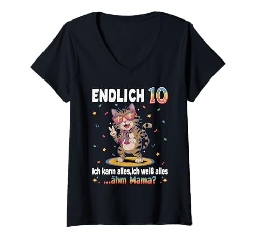 Damen 10 Geburtstag Junge Mädchen Geschenke Party Outfit Katze T-Shirt mit V-Ausschnitt Damen 10 Geburtstag Junge Mädchen Geschenke Party Outfit Katze T-Shirt mit V-Ausschnitt von Lustige Geschenke Zum Geburtstag