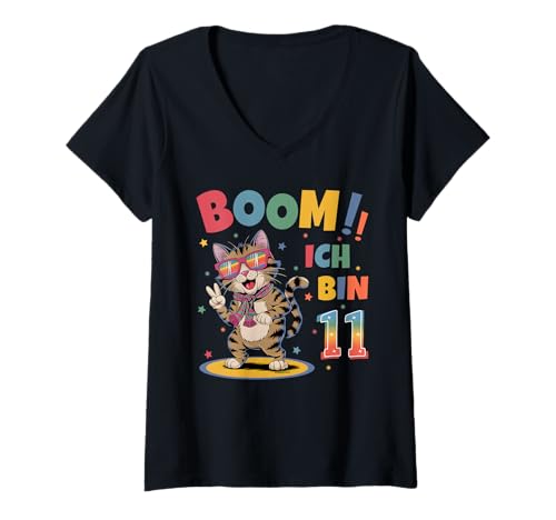 Damen 11 Geburtstag Junge Mädchen Geburtstagsshirt Katze Katzen T-Shirt mit V-Ausschnitt Damen 11 Geburtstag Junge Mädchen Geburtstagsshirt Katze Katzen T-Shirt mit V-Ausschnitt von Lustige Geschenke Zum Geburtstag