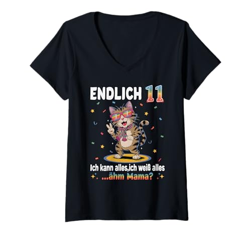 Damen 11 Geburtstag Junge Mädchen Geschenke Party Outfit Katze T-Shirt mit V-Ausschnitt Damen 11 Geburtstag Junge Mädchen Geschenke Party Outfit Katze T-Shirt mit V-Ausschnitt von Lustige Geschenke Zum Geburtstag
