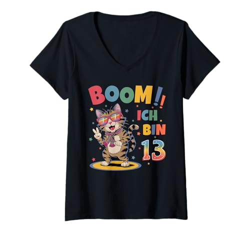 Damen 13 Geburtstag Junge Mädchen Geburtstagsshirt Katze Katzen T-Shirt mit V-Ausschnitt Damen 13 Geburtstag Junge Mädchen Geburtstagsshirt Katze Katzen T-Shirt mit V-Ausschnitt von Lustige Geschenke Zum Geburtstag