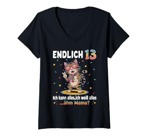 Damen 13 Geburtstag Junge Mädchen Geschenke Party Outfit Katze T-Shirt mit V-Ausschnitt Damen 13 Geburtstag Junge Mädchen Geschenke Party Outfit Katze T-Shirt mit V-Ausschnitt von Lustige Geschenke Zum Geburtstag