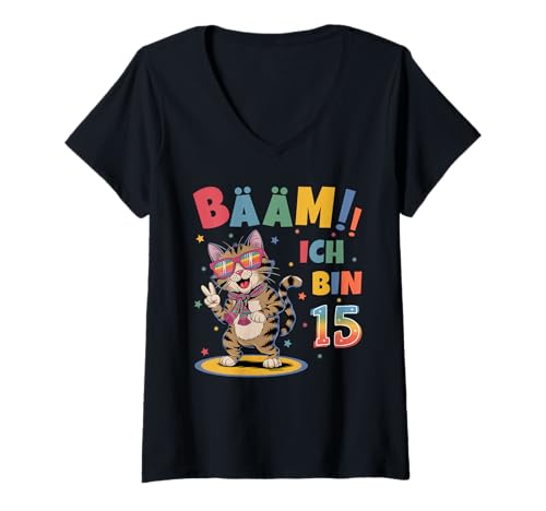 Damen 15 Geburtstag Junge Mädchen Geburtstagsshirt Katze Katzen T-Shirt mit V-Ausschnitt Damen 15 Geburtstag Junge Mädchen Geburtstagsshirt Katze Katzen T-Shirt mit V-Ausschnitt von Lustige Geschenke Zum Geburtstag