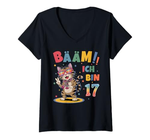 Damen 17 Geburtstag Junge Mädchen Geburtstagsshirt Katze Katzen T-Shirt mit V-Ausschnitt Damen 17 Geburtstag Junge Mädchen Geburtstagsshirt Katze Katzen T-Shirt mit V-Ausschnitt von Lustige Geschenke Zum Geburtstag