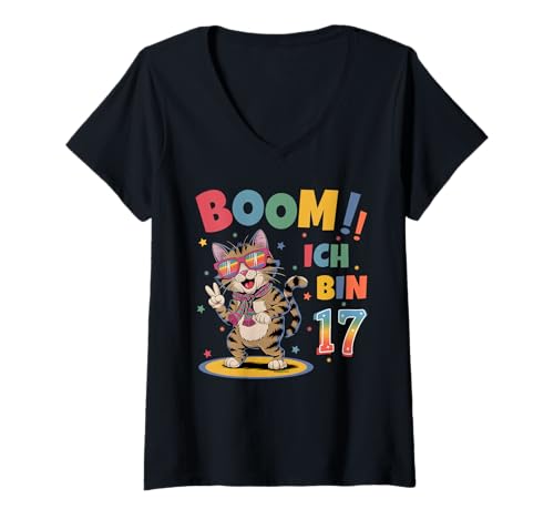 Damen 17 Geburtstag Junge Mädchen Geburtstagsshirt Katze Katzen T-Shirt mit V-Ausschnitt Damen 17 Geburtstag Junge Mädchen Geburtstagsshirt Katze Katzen T-Shirt mit V-Ausschnitt von Lustige Geschenke Zum Geburtstag
