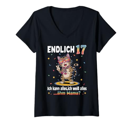 Damen 17 Geburtstag Junge Mädchen Geschenke Party Outfit Katze T-Shirt mit V-Ausschnitt Damen 17 Geburtstag Junge Mädchen Geschenke Party Outfit Katze T-Shirt mit V-Ausschnitt von Lustige Geschenke Zum Geburtstag