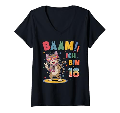 Damen 18 Geburtstag Junge Mädchen Geburtstagsshirt Katze Katzen T-Shirt mit V-Ausschnitt Damen 18 Geburtstag Junge Mädchen Geburtstagsshirt Katze Katzen T-Shirt mit V-Ausschnitt von Lustige Geschenke Zum Geburtstag