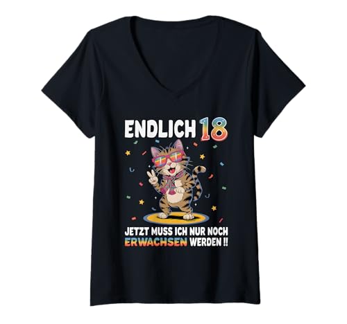 Damen 18 Geburtstag Junge Mädchen Geschenke Party Outfit Katze T-Shirt mit V-Ausschnitt Damen 18 Geburtstag Junge Mädchen Geschenke Party Outfit Katze T-Shirt mit V-Ausschnitt von Lustige Geschenke Zum Geburtstag