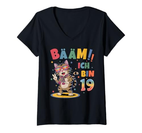 Damen 19 Geburtstag Junge Mädchen Geburtstagsshirt Katze Katzen T-Shirt mit V-Ausschnitt Damen 19 Geburtstag Junge Mädchen Geburtstagsshirt Katze Katzen T-Shirt mit V-Ausschnitt von Lustige Geschenke Zum Geburtstag
