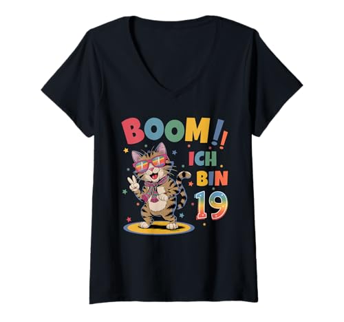 Damen 19 Geburtstag Junge Mädchen Geburtstagsshirt Katze Katzen T-Shirt mit V-Ausschnitt Damen 19 Geburtstag Junge Mädchen Geburtstagsshirt Katze Katzen T-Shirt mit V-Ausschnitt von Lustige Geschenke Zum Geburtstag