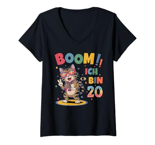 Damen 20 Geburtstag Mann Frau Geburtstagsshirt Katze Katzen T-Shirt mit V-Ausschnitt Damen 20 Geburtstag Mann Frau Geburtstagsshirt Katze Katzen T-Shirt mit V-Ausschnitt von Lustige Geschenke Zum Geburtstag