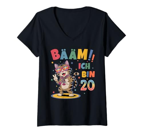 Damen 20 Geburtstag Mann Frau Geburtstagsshirt Katze Katzen T-Shirt mit V-Ausschnitt Damen 20 Geburtstag Mann Frau Geburtstagsshirt Katze Katzen T-Shirt mit V-Ausschnitt von Lustige Geschenke Zum Geburtstag