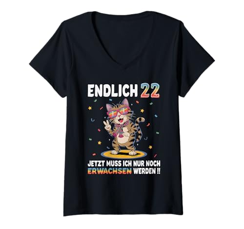 Damen 22 Geburtstag Mann Frau Geschenke Party Outfit Katze Katzen T-Shirt mit V-Ausschnitt Damen 22 Geburtstag Mann Frau Geschenke Party Outfit Katze Katzen T-Shirt mit V-Ausschnitt von Lustige Geschenke Zum Geburtstag