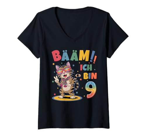 Damen 9 Geburtstag Junge Mädchen Geburtstagsshirt Katze Katzen T-Shirt mit V-Ausschnitt Damen 9 Geburtstag Junge Mädchen Geburtstagsshirt Katze Katzen T-Shirt mit V-Ausschnitt von Lustige Geschenke Zum Geburtstag