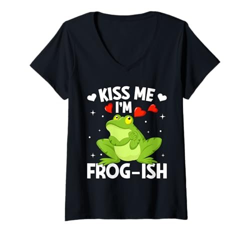 Damen Kiss Me Im Frogish T-Shirt mit V-Ausschnitt von Lustige Geschenke für Frosch & Amphibien Liebhaber