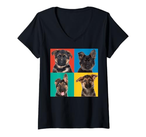 Damen Bunte Porträtfotos des Deutschen Schäferhundes T-Shirt mit V-Ausschnitt von Lustige Geschenke für Schäferhund Hundebesitzer