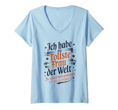 Damen Witziges Ehemann Lustiges Ich Habe Die Tollste Frau Der Welt T-Shirt mit V-Ausschnitt von Lustige Geschenkideen Für Männer Frauen Mit Humor
