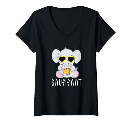 Damen Saufifant Elefant Bier Saufen Feiern Deko Herz Sonnenbrille T-Shirt mit V-Ausschnitt Damen Saufifant Elefant Bier Saufen Feiern Deko Herz Sonnenbrille T-Shirt mit V-Ausschnitt von Lustige Geschenkideen Witzige Outfits