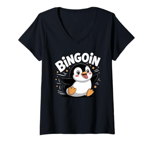 Damen Lustiger Bingo Pinguin Spruch Damen Bingoin Senioren T-Shirt mit V-Ausschnitt von Lustige Geschenkideen für Bingo Spieler
