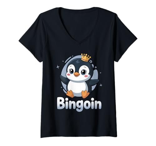 Damen Lustiger Bingo Pinguin Spruch Damen Bingoin Senioren T-Shirt mit V-Ausschnitt von Lustige Geschenkideen für Bingo Spieler