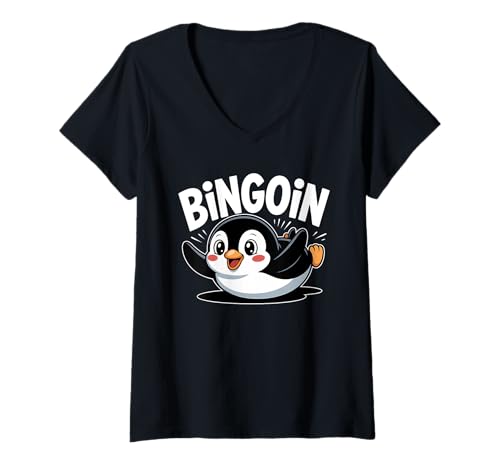 Damen Lustiger Bingo Pinguin Spruch Damen Bingoin Senioren T-Shirt mit V-Ausschnitt von Lustige Geschenkideen für Bingo Spieler