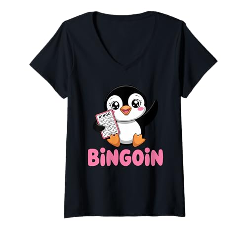Damen Lustiger Bingo Pinguin Spruch Damen Bingoin Senioren T-Shirt mit V-Ausschnitt von Lustige Geschenkideen für Bingo Spieler