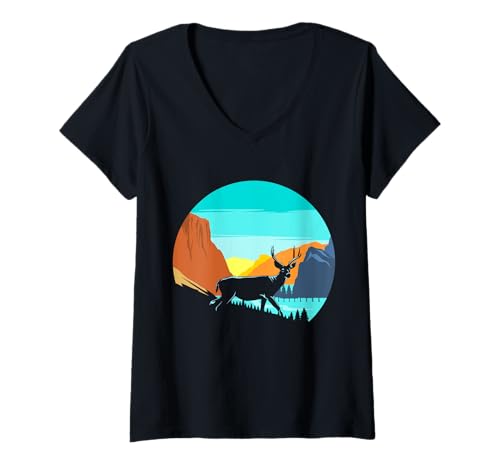 Damen Jäger Hirsch Silhouette in der Natur T-Shirt mit V-Ausschnitt Damen Jäger Hirsch Silhouette in der Natur T-Shirt mit V-Ausschnitt von Lustige Geschenkideen & Bekleidung für Jagd Jäger