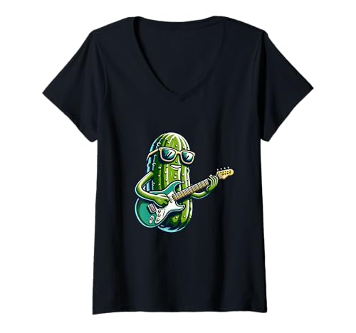 Damen Cooler Gitarre Spielender Gurke T-Shirt mit V-Ausschnitt Damen Cooler Gitarre Spielender Gurke T-Shirt mit V-Ausschnitt von Lustige Gitarre Spielende Gurken Musik