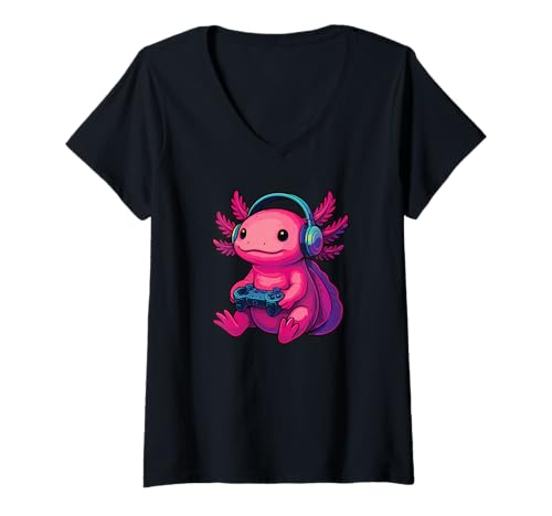 Damen Axolotl Lustige Videospiele Gaming Zocker Axolotl T-Shirt mit V-Ausschnitt Damen Axolotl Lustige Videospiele Gaming Zocker Axolotl T-Shirt mit V-Ausschnitt von Lustige Grafik Axolotl Gamer süß für Gaming