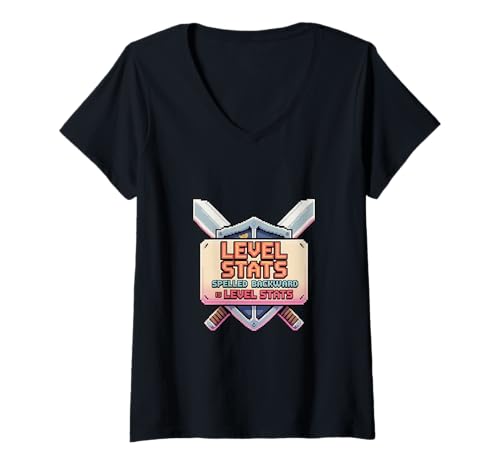 Damen Level-Statistiken rückwärts buchstabiert, Pixelkunst für Gam T-Shirt mit V-Ausschnitt von Lustige Grafik mit Humor für Gaming-Fans mit Level