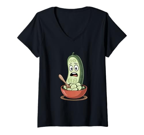 Damen Gurken Panik Salatschüssel Veganer Humor Cartoon T-Shirt mit V-Ausschnitt Damen Gurken Panik Salatschüssel Veganer Humor Cartoon T-Shirt mit V-Ausschnitt von Lustige Gurke Cartoon Humor Salat Veggie Witz
