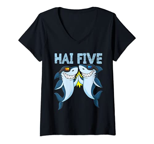 Damen Hai Lustiges Einklatschen Fisch Wortspiel T-Shirt mit V-Ausschnitt Damen Hai Lustiges Einklatschen Fisch Wortspiel T-Shirt mit V-Ausschnitt von Lustige Hai Outfits