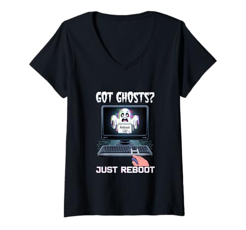 Damen Hast du Geister? Einfach neu starten – lustiger Computer T-Shirt mit V-Ausschnitt Damen Hast du Geister? Einfach neu starten – lustiger Computer T-Shirt mit V-Ausschnitt von Lustige Halloween-Grafik für Computerfreaks