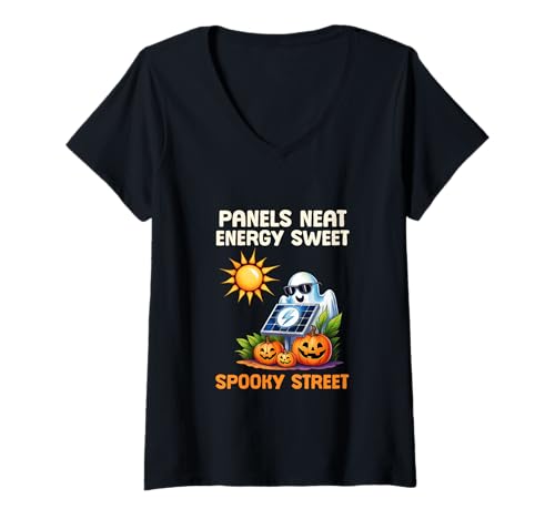 Damen Paneele mit süßem, gruseligem Solar-Geist T-Shirt mit V-Ausschnitt Damen Paneele mit süßem, gruseligem Solar-Geist T-Shirt mit V-Ausschnitt von Lustige Halloween-Grafik mit solarbetriebenem Kürb