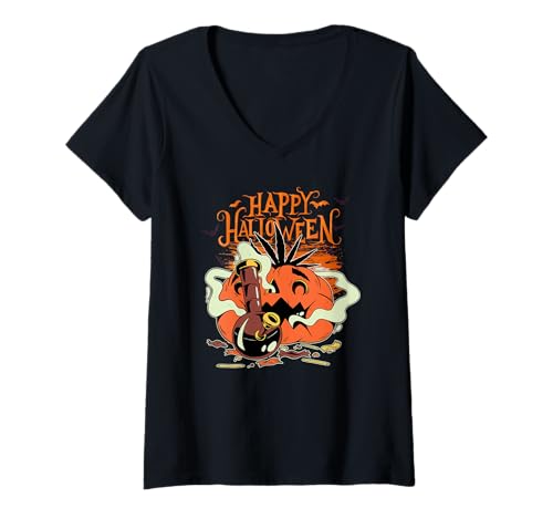Damen Happy Halloween Kiffer Weed Hanf Kürbis Kostüm T-Shirt mit V-Ausschnitt von Lustige Halloween Kiffer Kürbis Kostüme