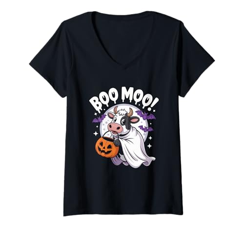 Damen Lustige Halloween Moo Boo Cow T-Shirt mit V-Ausschnitt Damen Lustige Halloween Moo Boo Cow T-Shirt mit V-Ausschnitt von Lustige Halloween -Kleidung